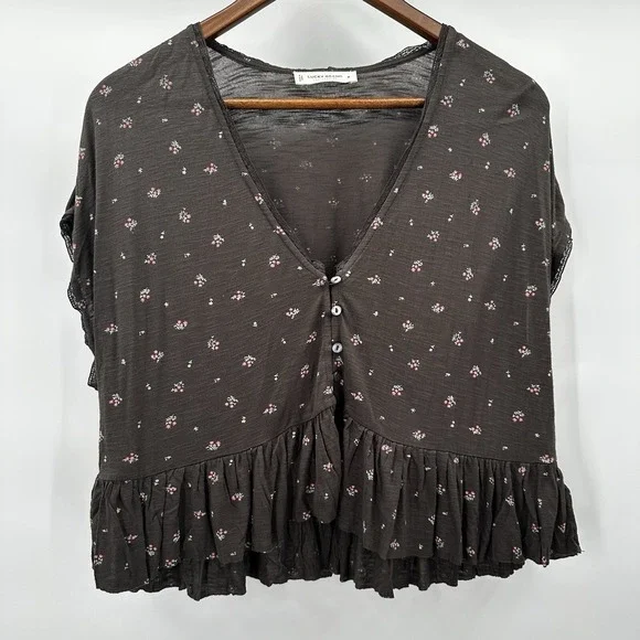Lucky Brand Shirt Top Womens Medium Peplum Floral Cottage Rayon Lace Crop Button - Picture 2 of 11